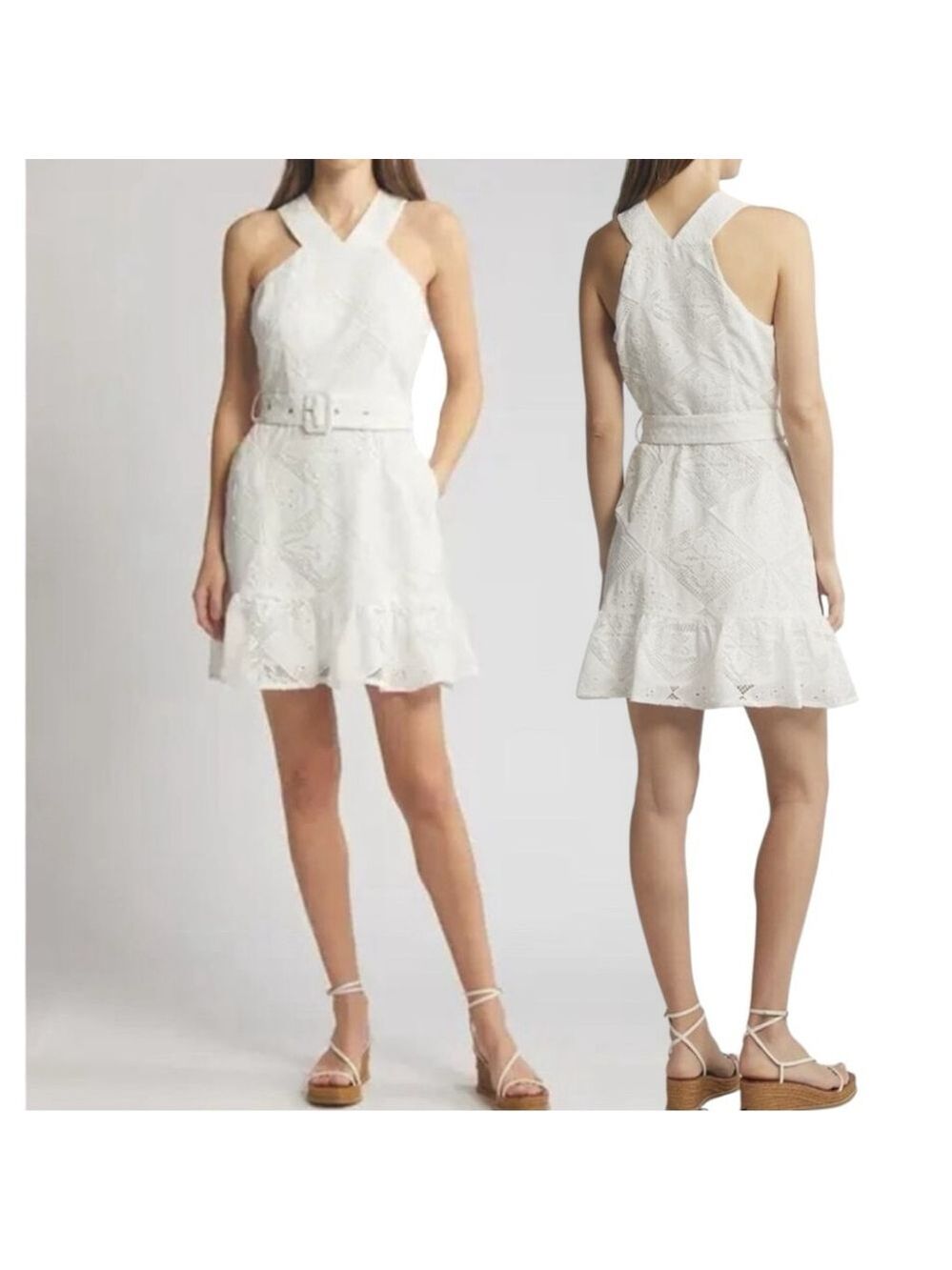 CIEBON Nordstrom Braylee White Lace Eyelet Belted Sleeveless Mini Dress Large